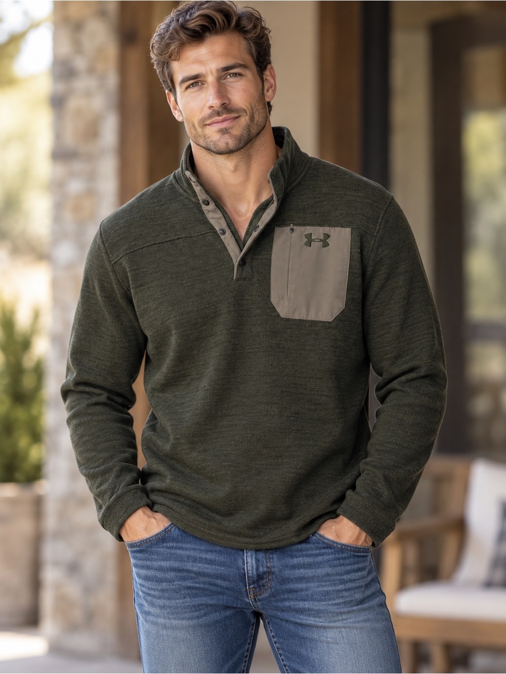 LG Men's Olive Green Quarter-Snap Pullover with Contrast Chest Pocket